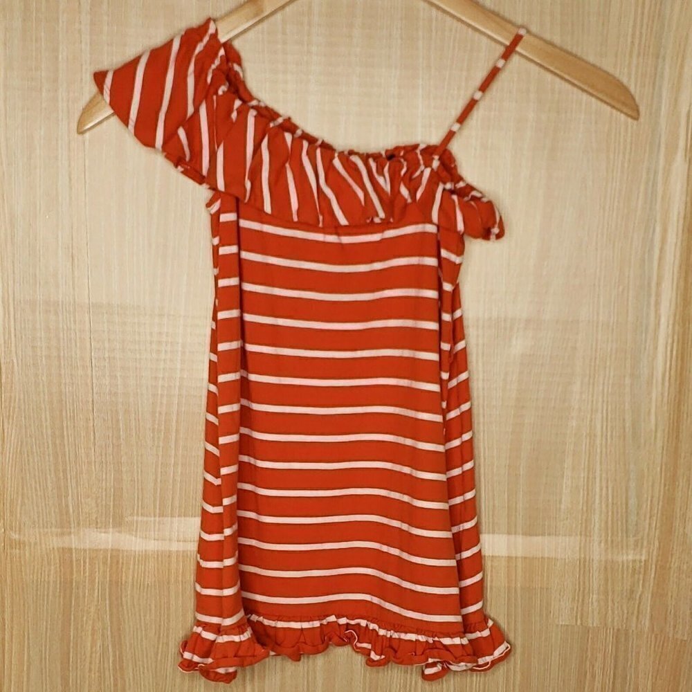 Gap Kids Orange Striped Ruffle Shoulder Dress 6-7